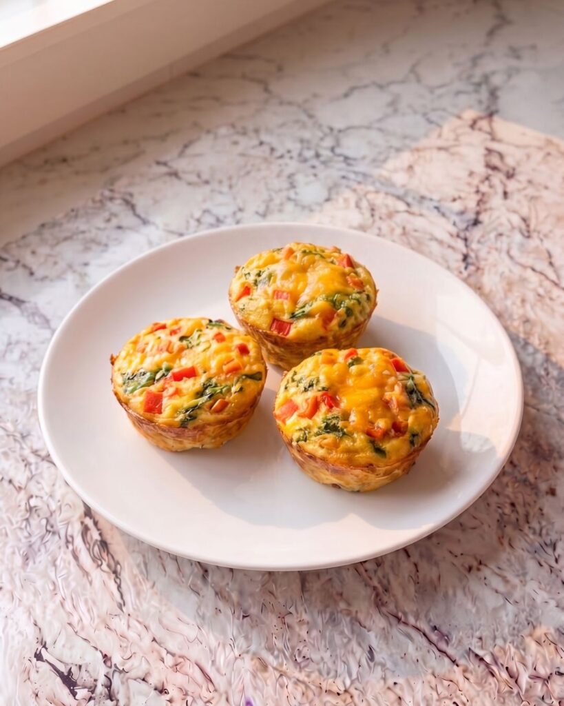 three high protein egg muffins with bell peppers and spinach on a white plate on marble countertop