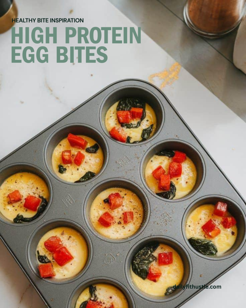 high protein egg bites in a muffin tin with red peppers and spinach on a marble countertop