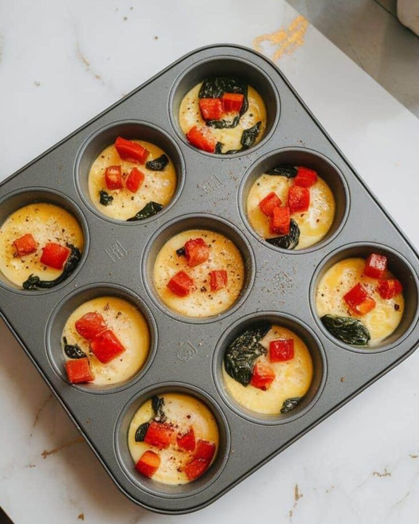 Starbucks Copycat High Protein Egg Bites high protein egg bites in a muffin tin with red peppers and spinach on a marble countertop
