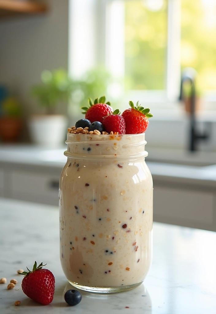 high protein overnight oats in a mason jar with mixed berries on a marble countertop
