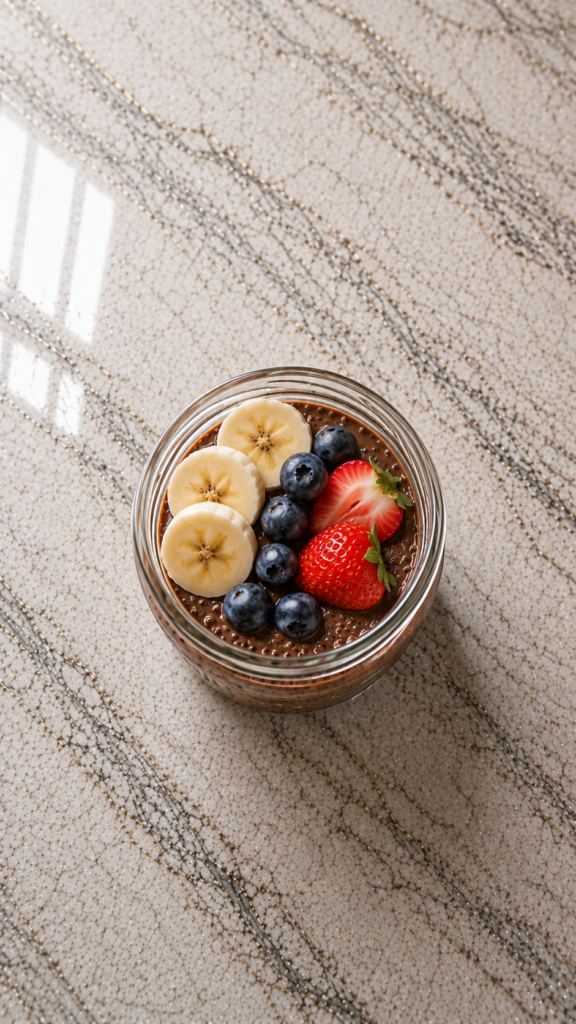 High Protein Chocolate Chia Pudding (Breakfast That Tastes Like Dessert) chocolate chia pudding in glass jar topped with banana slices blueberries and strawberries on marble countertop
