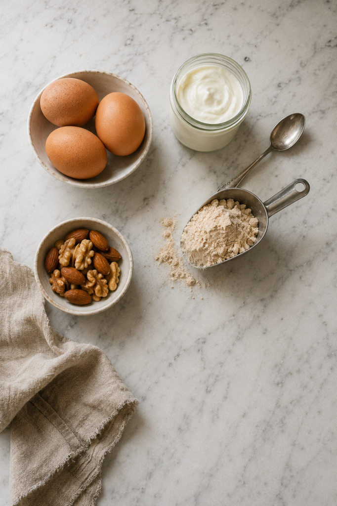 How Much Protein Do Women Need To Lose Weight? high protein foods including eggs greek yogurt nuts and protein powder on marble countertop
