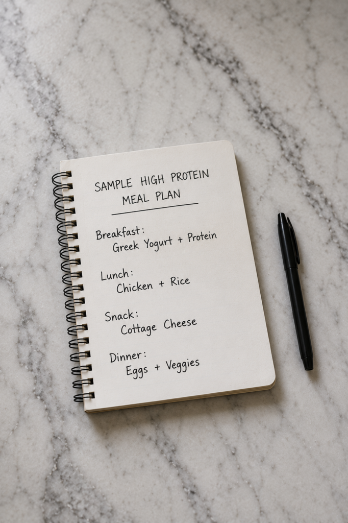 How Much Protein Do Women Need To Lose Weight? handwritten sample high protein meal plan notebook on marble countertop