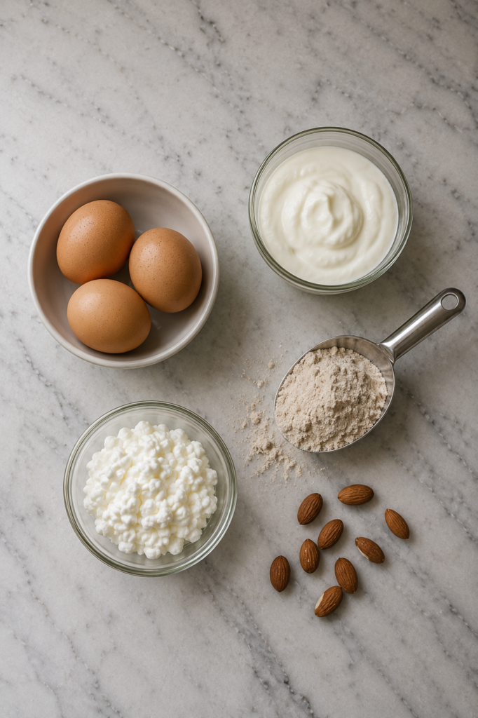 How Much Protein Do Women Need To Lose Weight? high protein foods including eggs cottage cheese greek yogurt protein powder and almonds on marble countertop